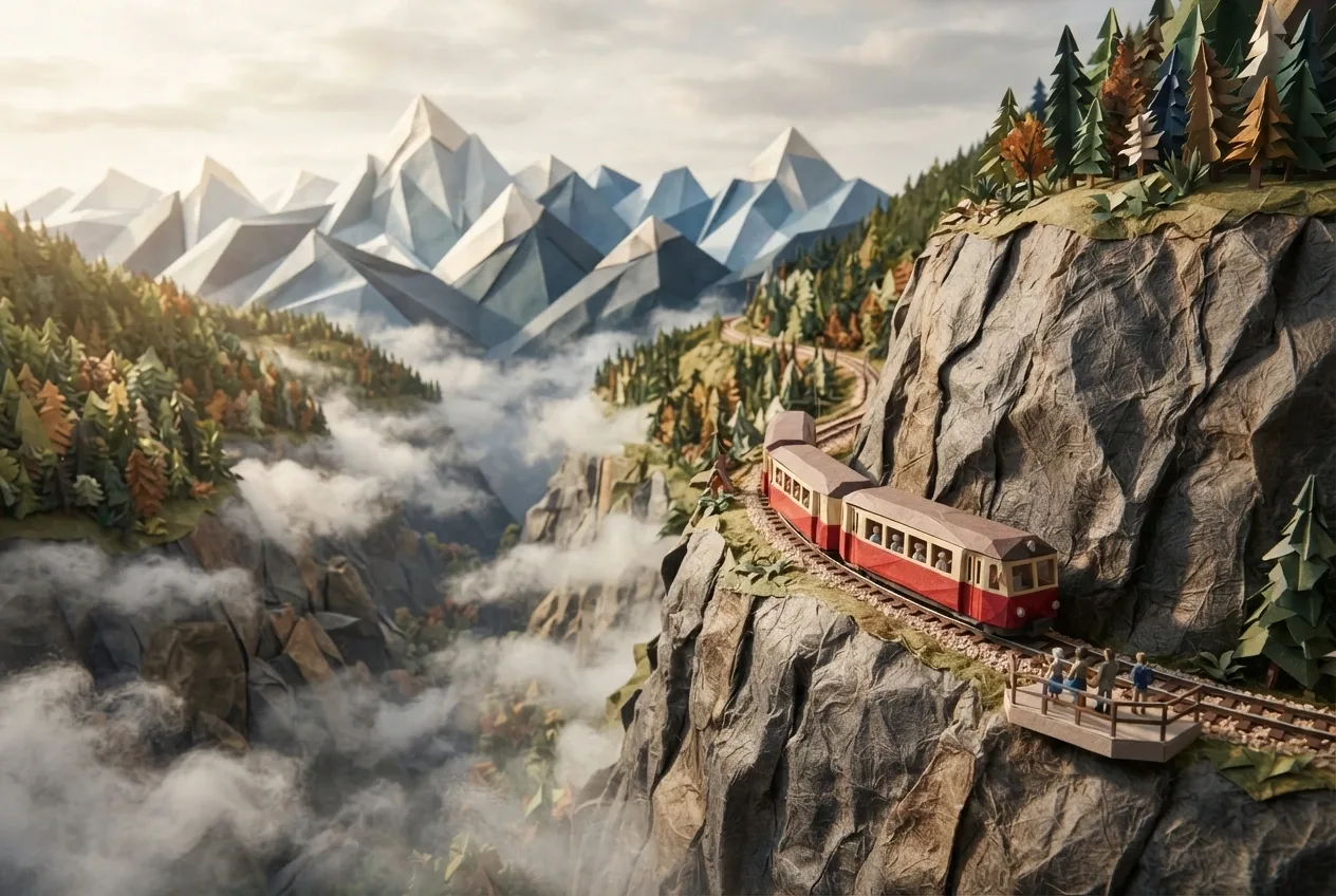 Mixed-media origami-style cliffside railway carrying travelers above a misty mountain valley with folded-paper peaks and layered forests.