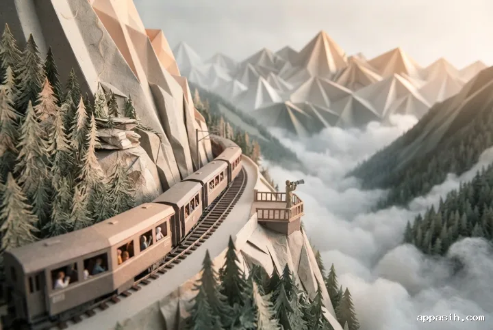 Closer origami-style view of a cliffside mountain train and traveler overlooking the same misty folded-paper alpine valley.