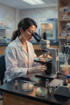 Oil painting of a biomedical researcher examining a glowing cell culture through a microscope in a clinical laboratory.