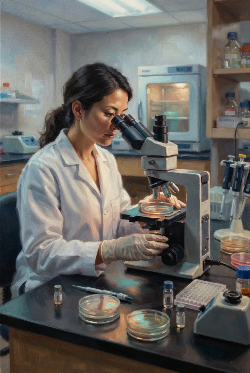 Oil painting of a biomedical researcher examining a glowing cell culture through a microscope in a clinical laboratory.