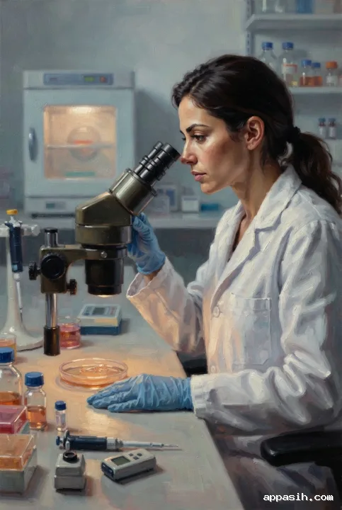 Detailed oil painting of a biomedical researcher adjusting a microscope while studying a luminous cell culture at a clinical laboratory bench.