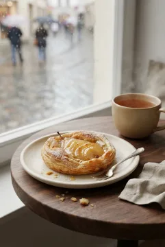 Photorealistic 3D honey pear tart with caramelized pear slices and tea on a dark cafe table beside a rain-covered window.