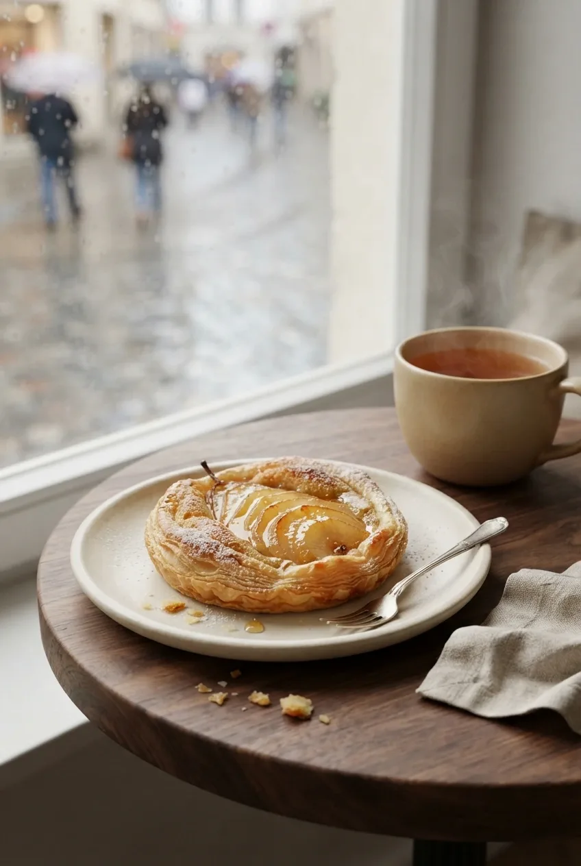Photorealistic 3D honey pear tart with caramelized pear slices and tea on a dark cafe table beside a rain-covered window.