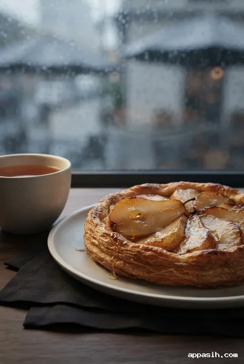 Close three-quarter photorealistic 3D view of a honey pear tart with glossy caramelized pear slices, tea, and a softly lit rainy cafe window.