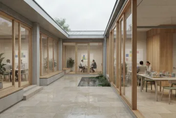 3D architectural visualization of a rainy community microfinance hub courtyard with glass consultation rooms, timber details, a rain garden, and advisers meeting clients.