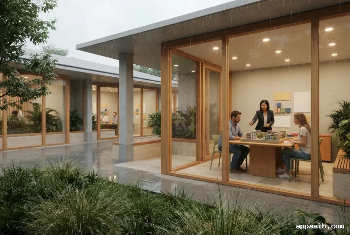 Closer 3D architectural visualization of the same rainy microfinance hub courtyard, showing an adviser and clients beside a neighborhood building model inside a glass consultation room.