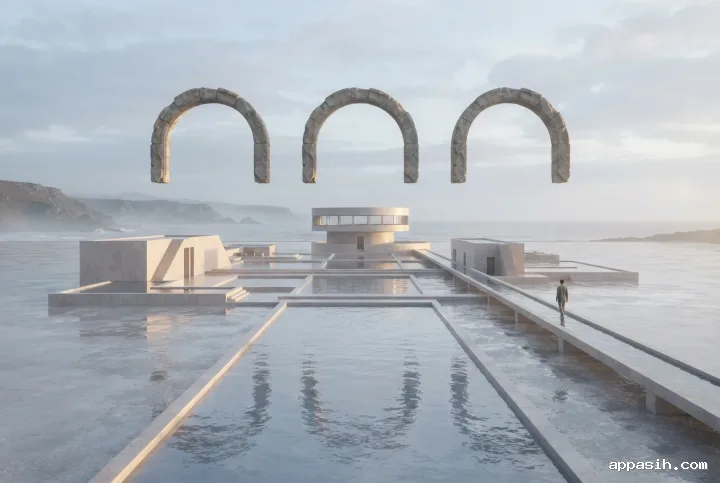 Closer surreal view of a pale concrete tidal observatory beneath floating weathered stone arches with reflective pools and morning mist.
