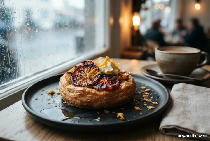 Close cinematic view of a charred citrus tart with caramelized orange slices, whipped cream, and syrup on a rainy café table.