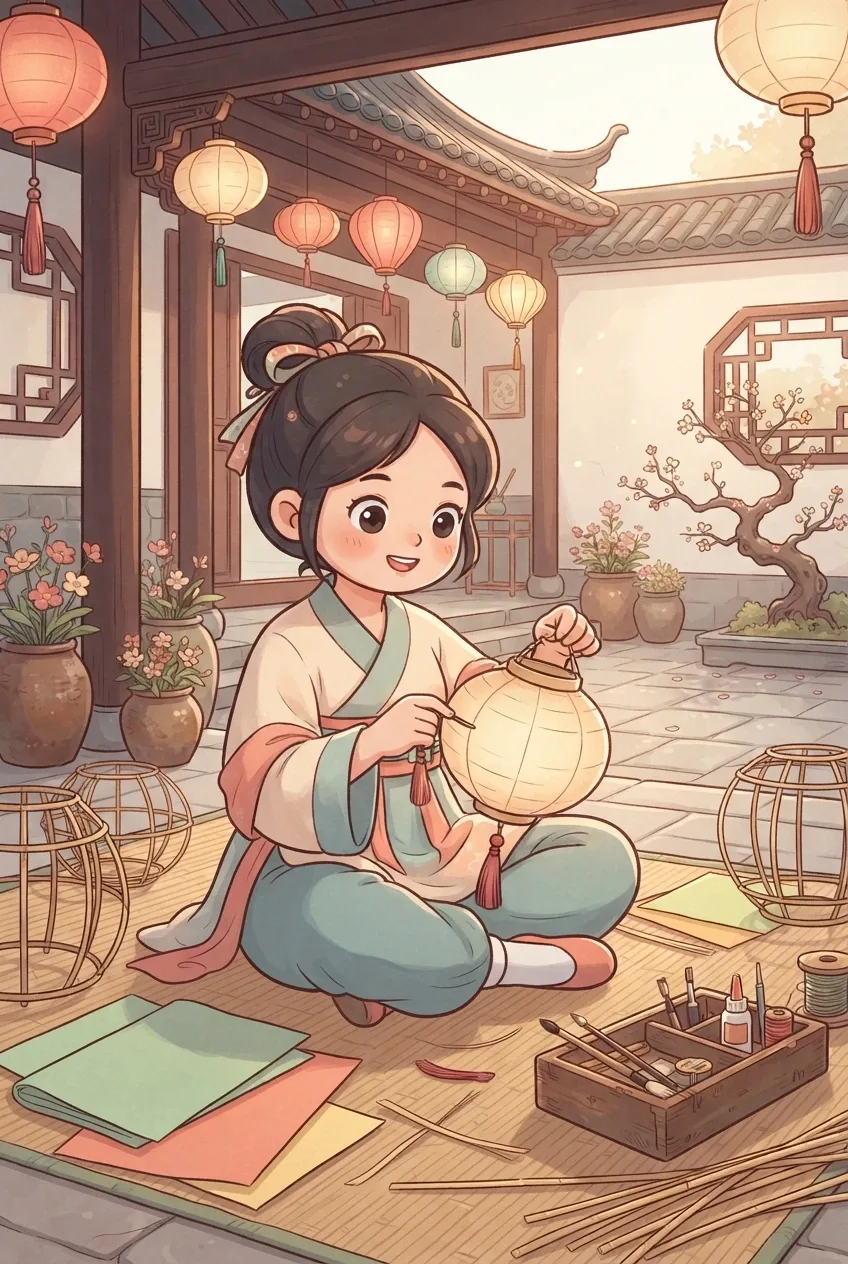 Kawaii cartoon lantern artisan assembling a traditional paper lantern in a wooden heritage courtyard surrounded by bamboo frames, craft tools, plants, and hanging lanterns.