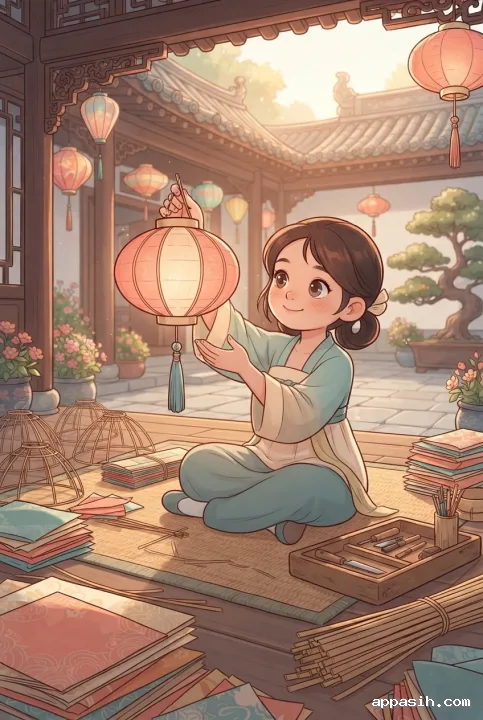 Kawaii cartoon lantern artisan lifting a finished paper lantern for inspection in the same traditional wooden heritage courtyard with bamboo frames, craft tools, plants, and hanging lanterns.