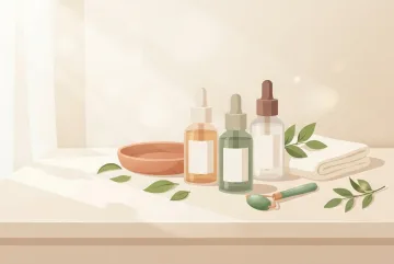 Flat illustration of botanical facial serum bottles with green leaves, a ceramic skincare dish, face cloth, and facial roller on a sunlit vanity.