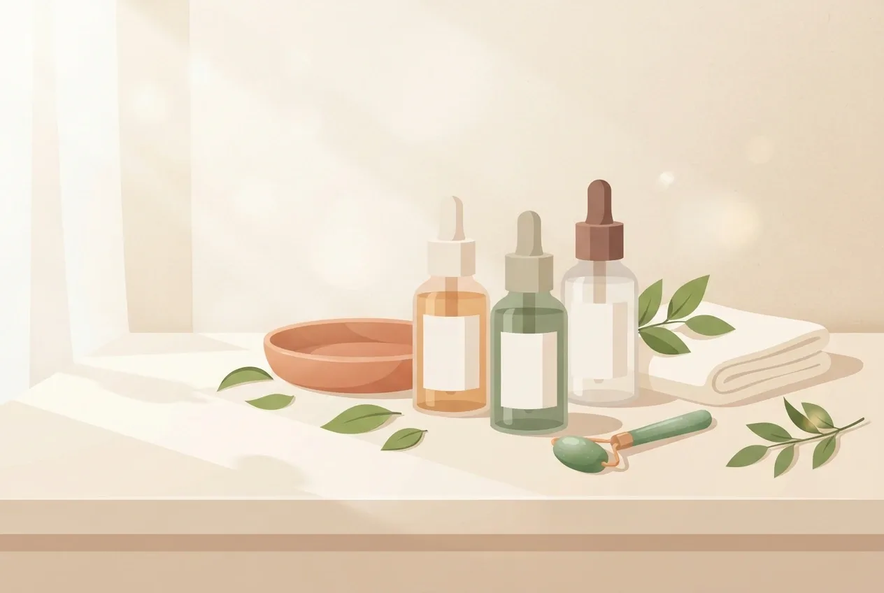 Flat illustration of botanical facial serum bottles with green leaves, a ceramic skincare dish, face cloth, and facial roller on a sunlit vanity.