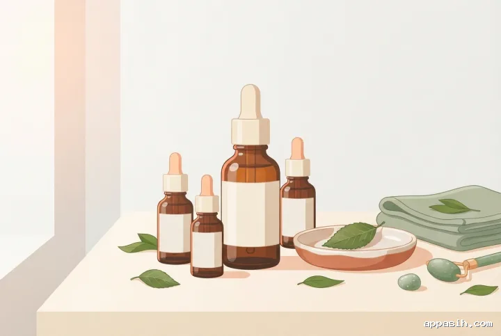Closer flat illustration of three botanical facial serum bottles with green leaves, ceramic skincare dish, folded cloth, and facial roller on the same sunlit vanity.