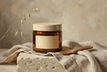 Amber glass skincare jar with a blank cream label on folded linen and a pale stone pedestal in a warm oil painting product mockup.