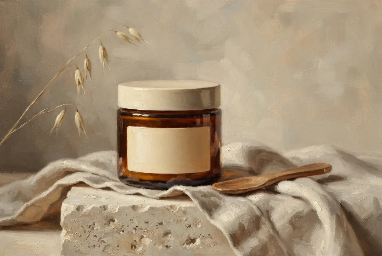 Amber glass skincare jar with a blank cream label on folded linen and a pale stone pedestal in a warm oil painting product mockup.