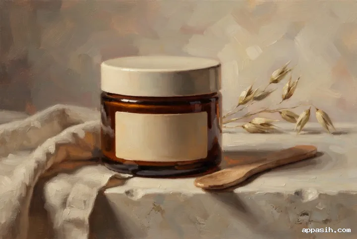 Closer three-quarter view of an amber skincare jar with a blank cream label on linen and limestone, rendered with rich oil painting texture and warm studio light.