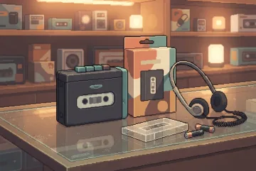 Retro pixel art cassette player packaging mockup with headphones and cassette accessories on a nostalgic electronics shop counter.
