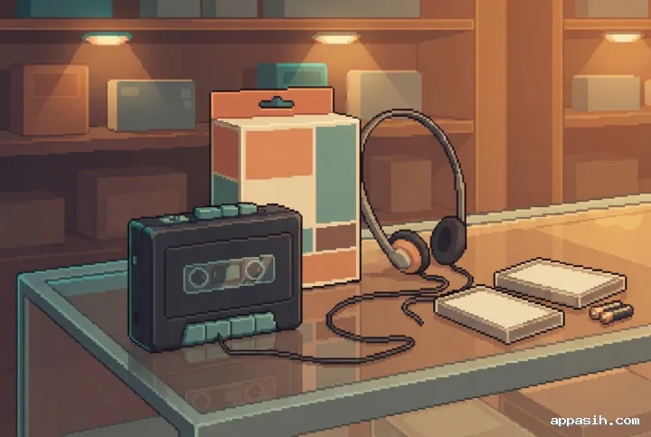 Closer retro pixel art cassette player packaging mockup with coiled headphones and cassette accessories on the same nostalgic shop counter.