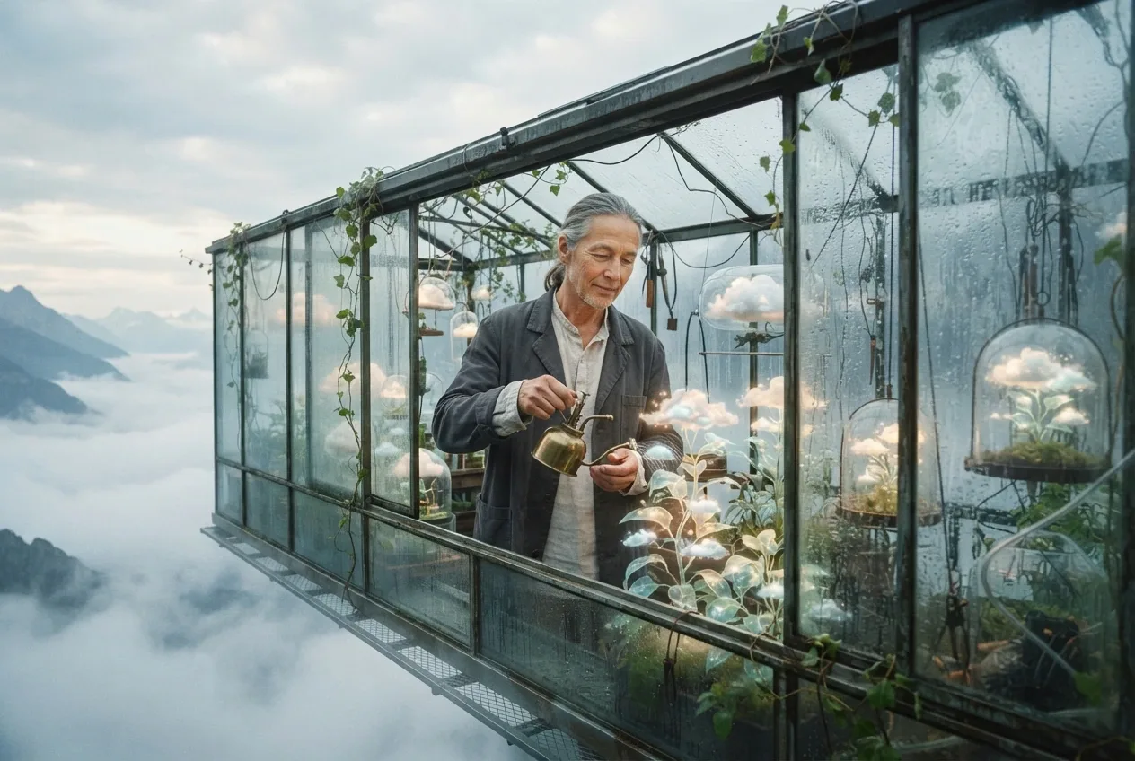 Surreal portrait of a cloud gardener holding a brass watering vessel among luminous plants inside a floating glasshouse above a misty valley.