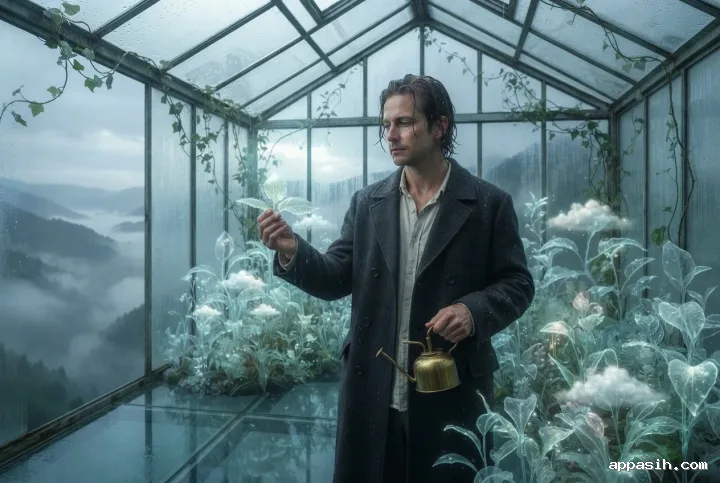 Surreal three-quarter portrait of a cloud gardener touching a luminous translucent plant inside a floating glasshouse above a mist-covered valley.