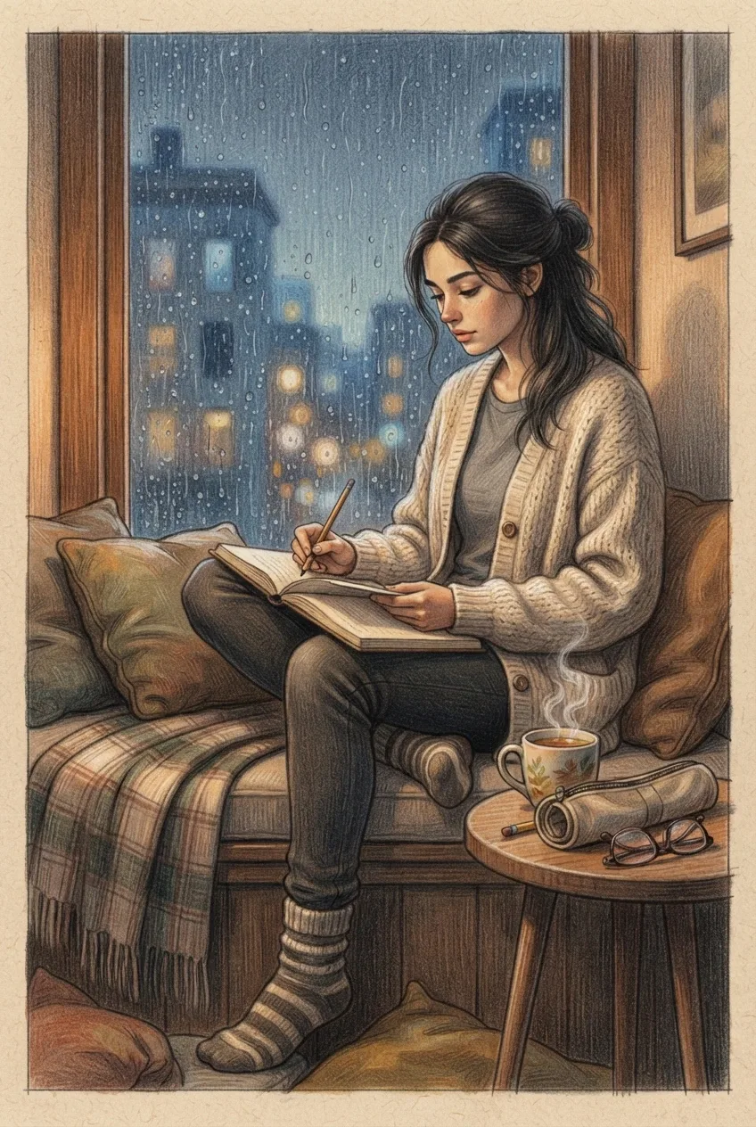 Colored pencil drawing of a woman journaling beside steaming tea at a rain-covered apartment window during a cozy evening.