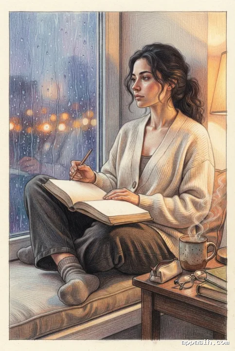 Detailed colored pencil drawing of a woman pausing while journaling beside steaming tea and a rain-streaked apartment window at night.