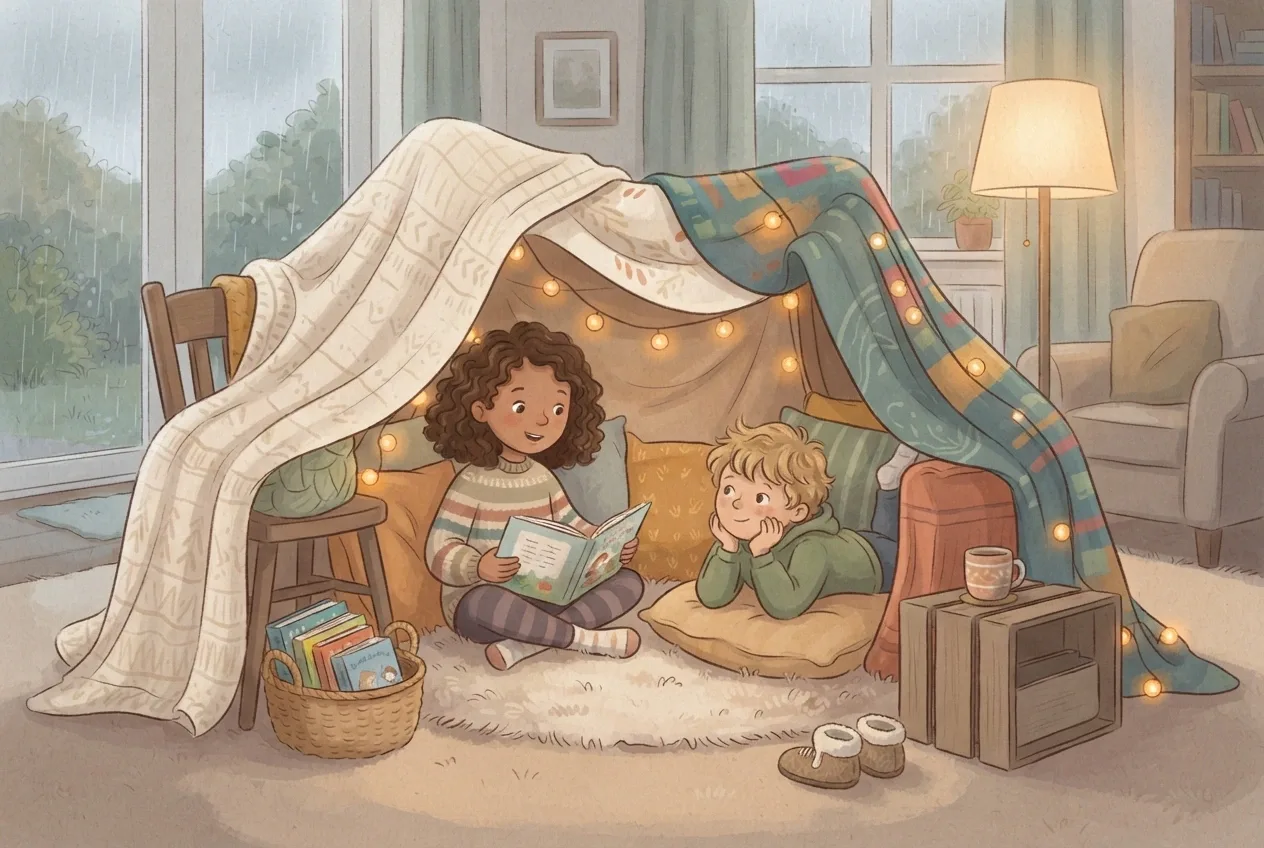 Children's book illustration of two siblings reading together inside a cozy blanket fort during a rainy afternoon in a warm living room.