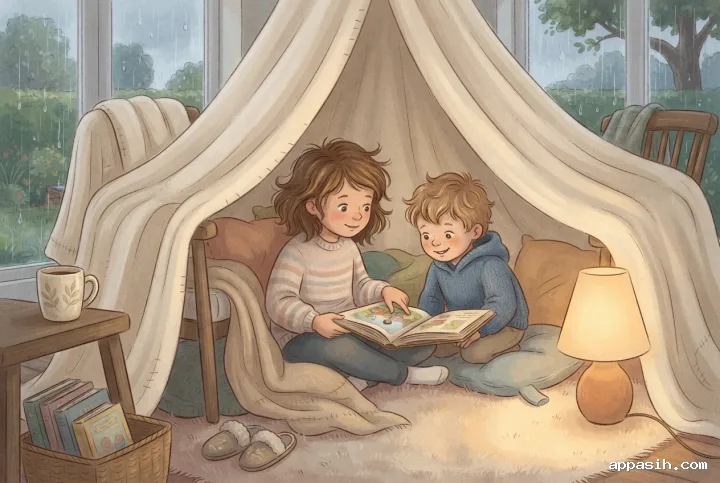 Detailed children's book illustration of two siblings sharing a picture book inside a handmade blanket fort beside a warm lamp while rain falls outside the living room windows.