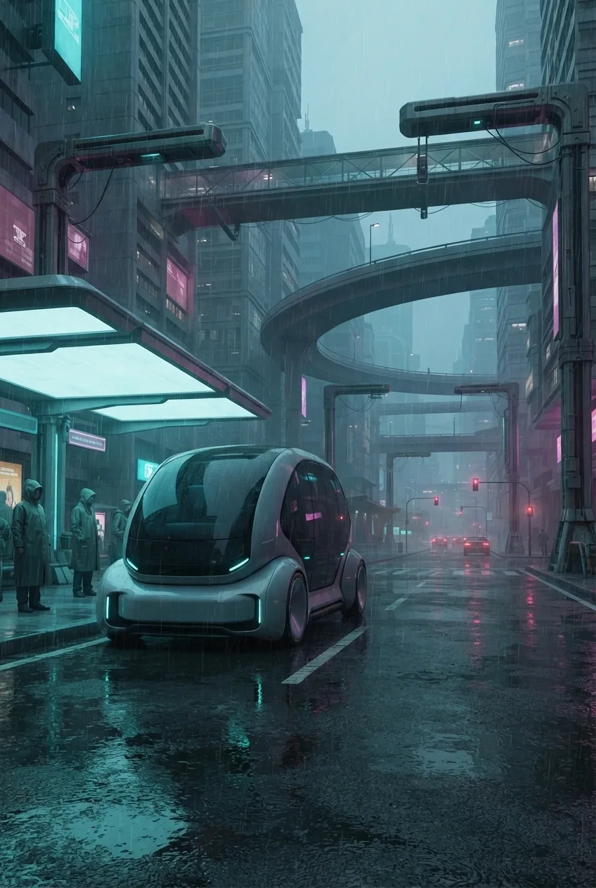 Cyberpunk autonomous electric transit pod waiting at a rainy megacity mobility hub beneath elevated transport lanes and glowing urban infrastructure.