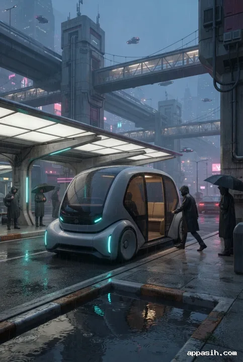 Closer low-angle cyberpunk view of an autonomous electric transit pod boarding a commuter at a rainy megacity mobility hub with elevated transit lanes and reflective streets.
