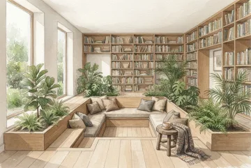 Watercolor painting of a sunken reading lounge with oak bookshelves, indoor plants, neutral cushions, and soft daylight through tall windows.