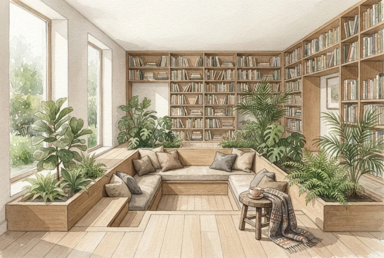 Watercolor painting of a sunken reading lounge with oak bookshelves, indoor plants, neutral cushions, and soft daylight through tall windows.