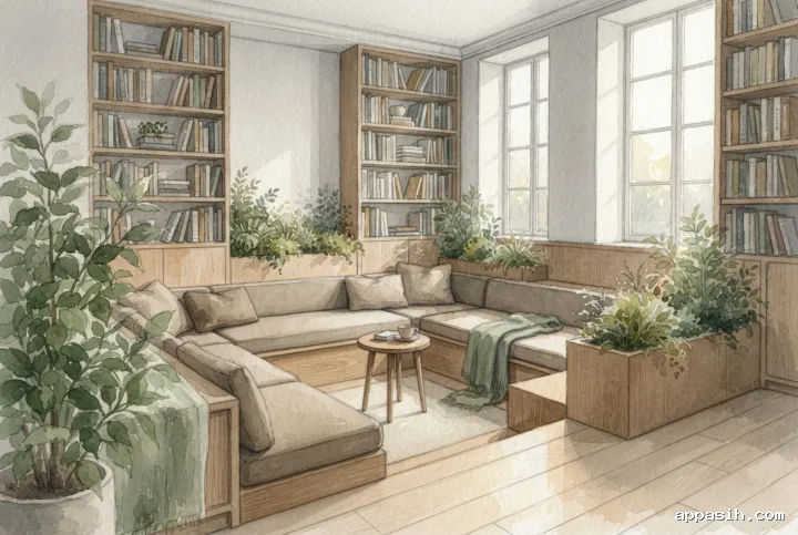 Detailed watercolor painting of the same sunken reading lounge viewed from a closer three-quarter angle, with oak bookshelves, foreground greenery, neutral seating, and diffused morning light.