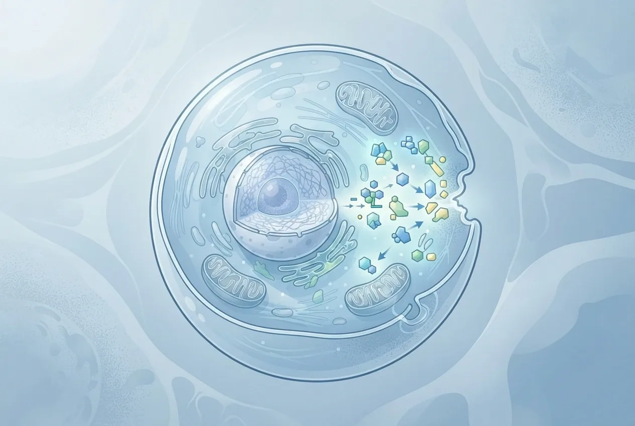 Scientific illustration of a human cell with nucleus, mitochondria, signaling molecules, and proteins repairing a damaged section of the cell membrane.