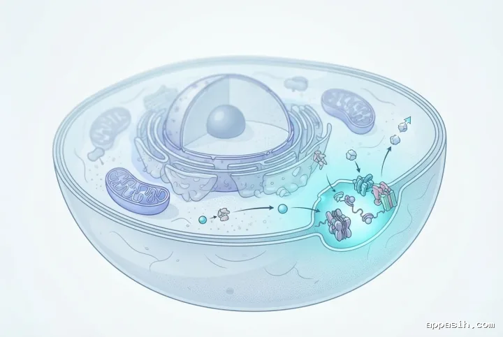 Detailed scientific illustration of a human cell viewed closer as signaling molecules and protein complexes gather around a damaged cell membrane during cellular repair.
