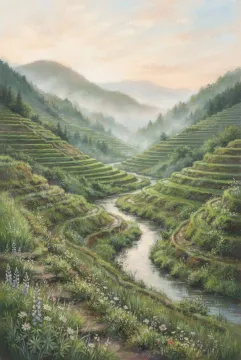 Pastel painting of a misty terraced mountain valley at dawn with a reflective winding stream, pale wildflowers, layered green slopes, and soft peach morning clouds.