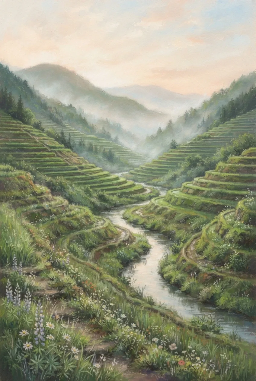 Pastel painting of a misty terraced mountain valley at dawn with a reflective winding stream, pale wildflowers, layered green slopes, and soft peach morning clouds.