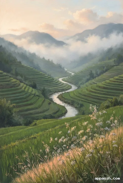 Detailed pastel painting of the same misty terraced mountain valley at dawn, seen from a lower foreground angle with pale wildflowers, a winding reflective stream, layered green slopes, and warm peach light.