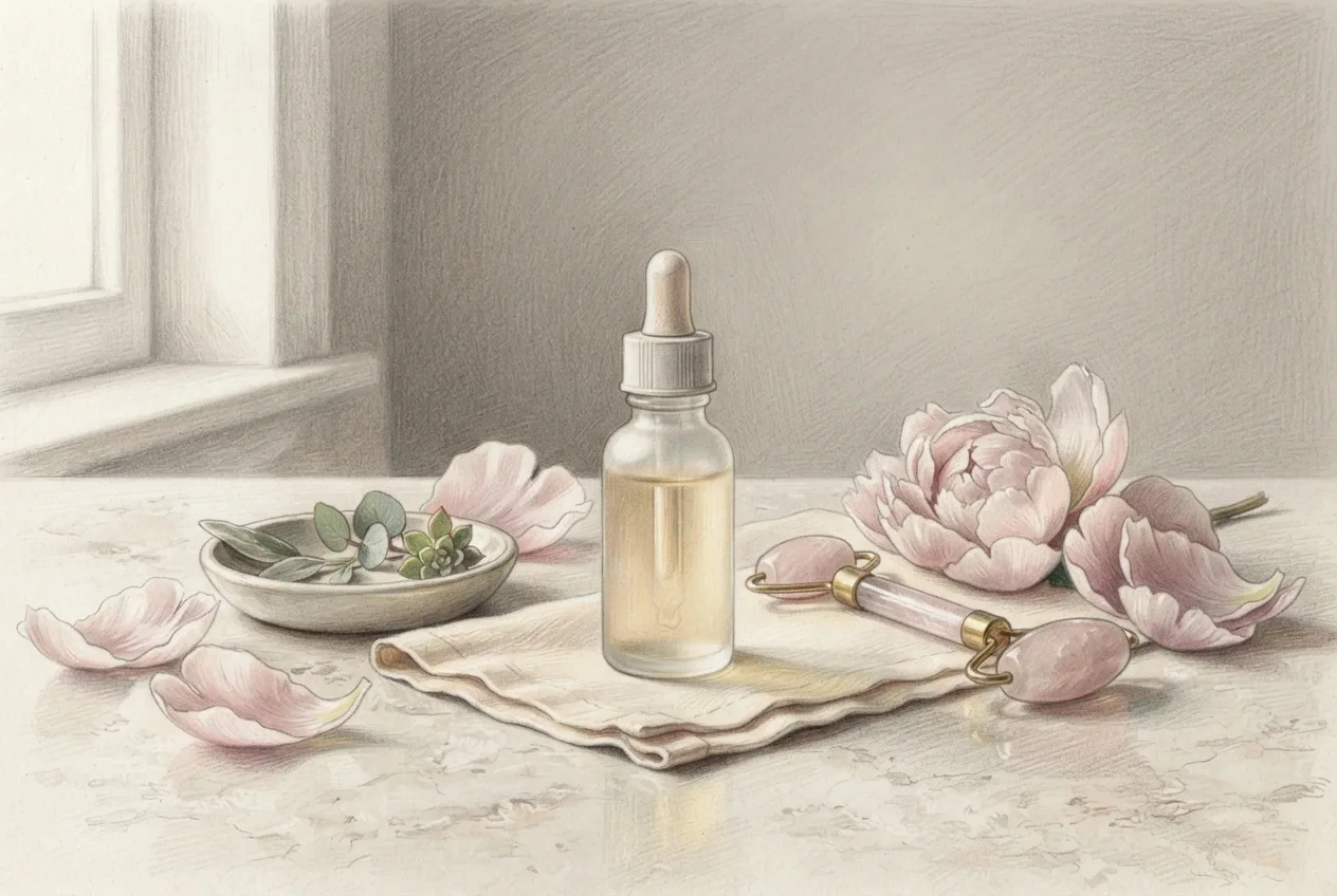 Colored pencil drawing of a botanical facial serum bottle with a rose quartz facial roller, flower petals, cotton cloth, and botanical leaves on a pale stone vanity.