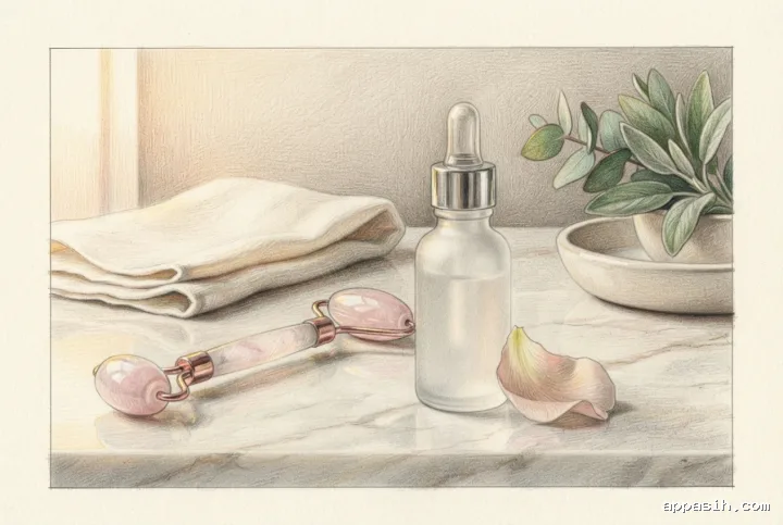 Closer colored pencil drawing of the same botanical facial serum bottle with a rose quartz roller, blush flower petals, cream cloth, ceramic dish, and leaves on a softly lit stone vanity.