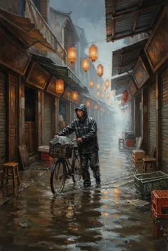 Cinematic oil painting of a bicycle courier walking through a flooded night market under glowing lanterns in heavy rain.