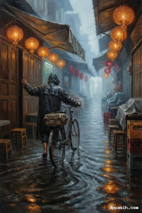 Detailed cinematic oil painting of the same bicycle courier pushing through a flooded lantern-lit night market from a closer three-quarter rear view.