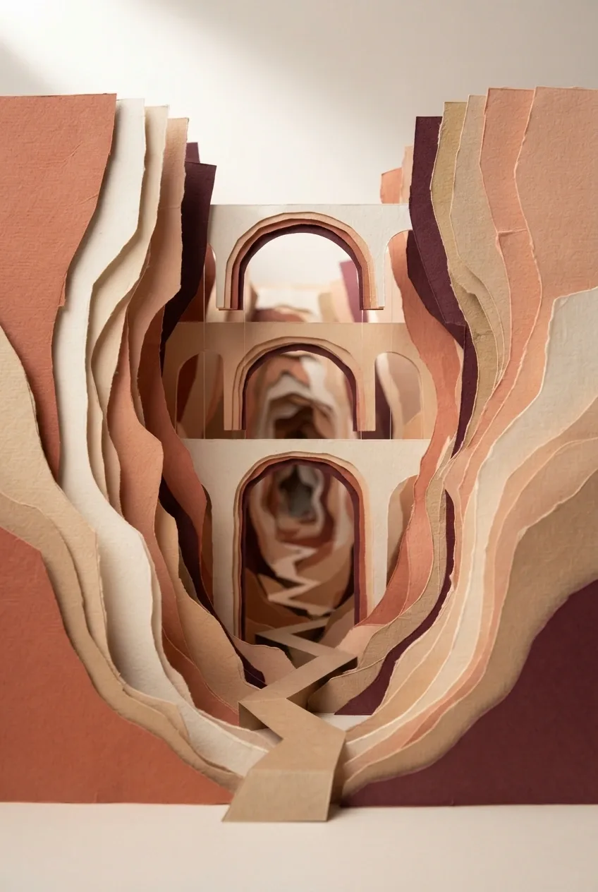 Abstract layered paper canyon with three floating geometric arches, folded pathways, warm terracotta paper contours, and dimensional papercraft shadows.