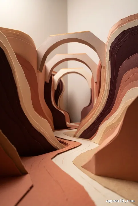 Closer low-angle view of an abstract layered paper canyon with three suspended geometric arches, folded foreground pathway, terracotta contours, and rich papercraft shadows.