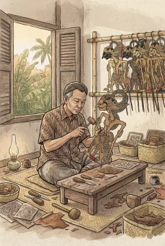 Hand-drawn doodle illustration of a wayang kulit artisan decorating a traditional leather puppet inside a Javanese village workshop.