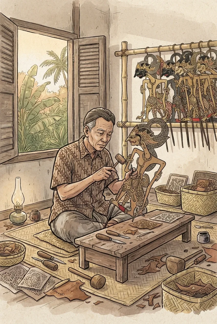 Hand-drawn doodle illustration of a wayang kulit artisan decorating a traditional leather puppet inside a Javanese village workshop.