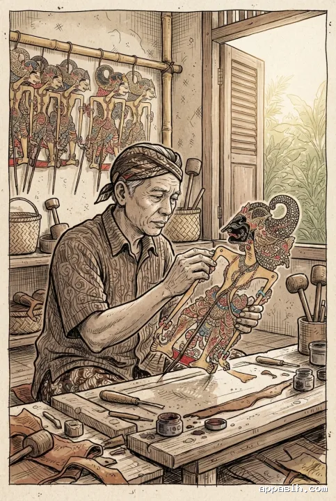 Closer hand-drawn doodle view of a wayang kulit artisan inspecting a decorated leather puppet in the same Javanese village workshop.