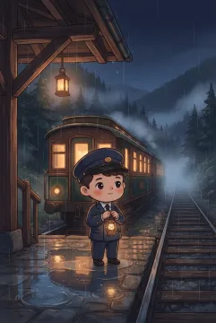 Kawaii cartoon train conductor holding a brass lantern beside a small night train on a rainy mountain platform with glowing lights, pine forest mist, and wet reflections.