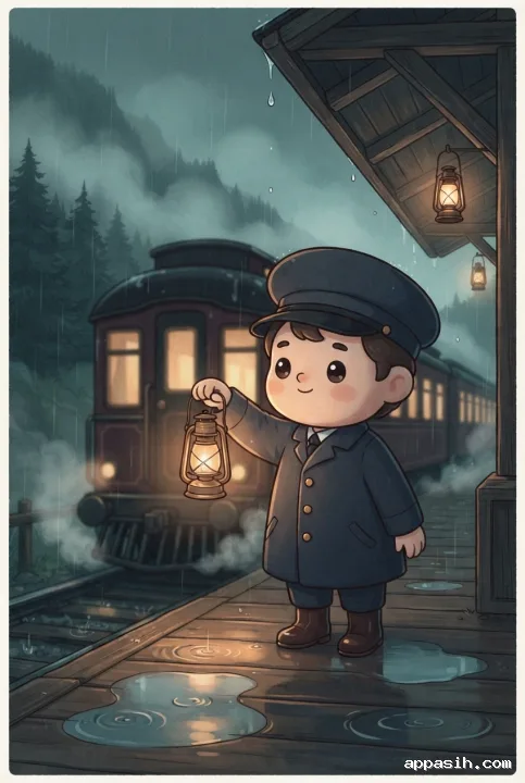 Kawaii cartoon train conductor raising a glowing brass lantern beside the same rainy mountain night train, with wet rails, warm windows, drifting steam, pine forest mist, and cinematic amber light.