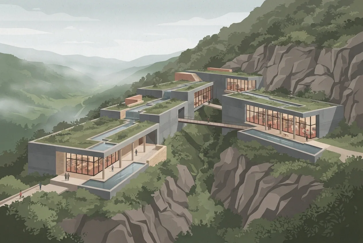 Flat 2D illustration of a cliffside public library with stepped rainwater terraces, geometric concrete volumes, reflecting basins, and a misty green valley.